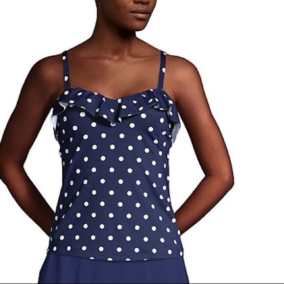 Land’s End ruffle navy polkadot tankini top underwire tummy control 10 DDD - Picture 1 of 2